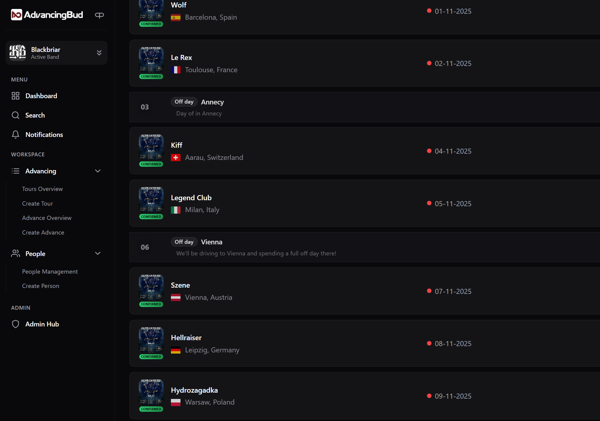 AdvancingBud Backoffice interface with tours and advances